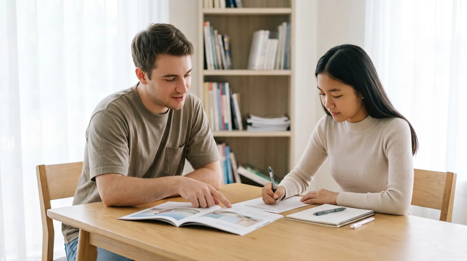 A university-age mentor points to a school brochure while a high school student fills in an application checklist