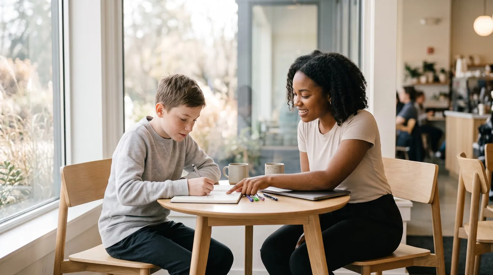 A mentor points to a goals map a middle school student is drawing in his notebook at a café table