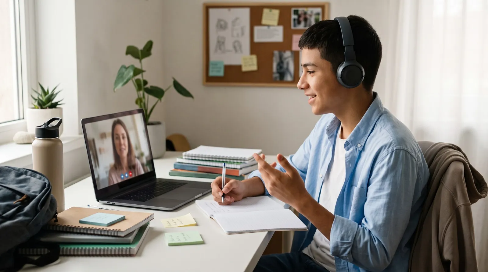 A high school student in headphones talks with his tutor over a video call while taking notes