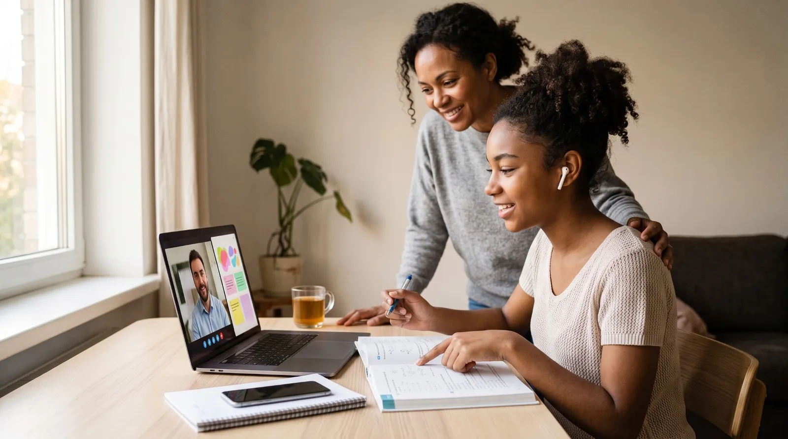 A student points to her textbook during a live online session while her mother looks on from behind her